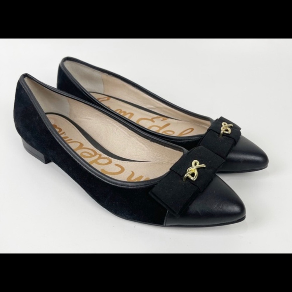 Sam Edelman Point Toe Black Suede Bow Flats